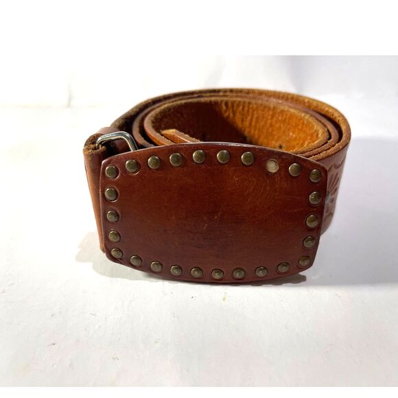 Linea Pelle leather belt handmade statement buckle western classic brown women M - Picture 1 of 10